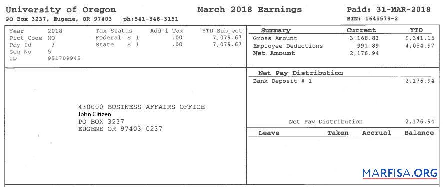 Printable USA University of Oregon payslip download for verification